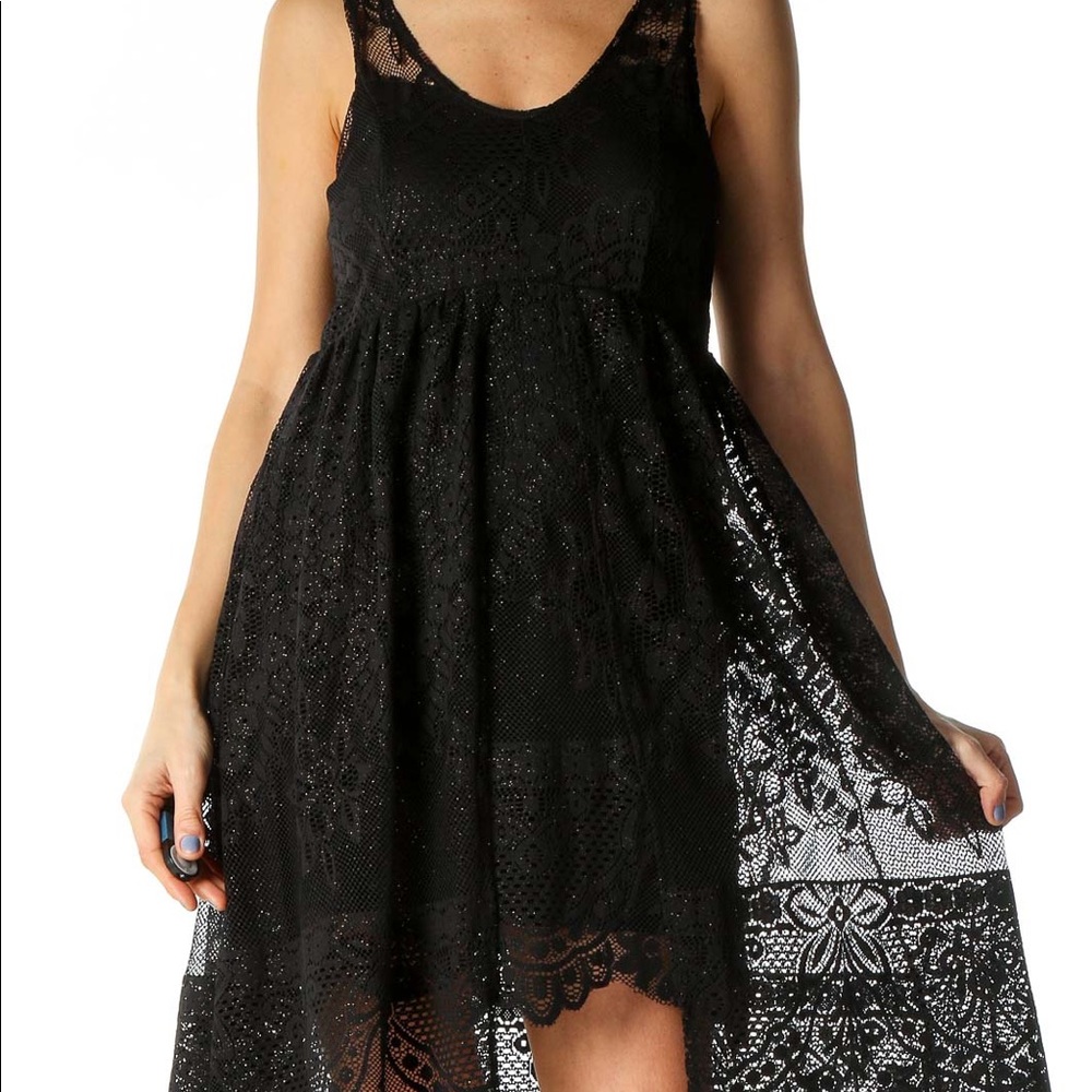 Free People Flowy Boho Black Lace Dress with Gold Flecks Size 2 - Picture 2 of 6